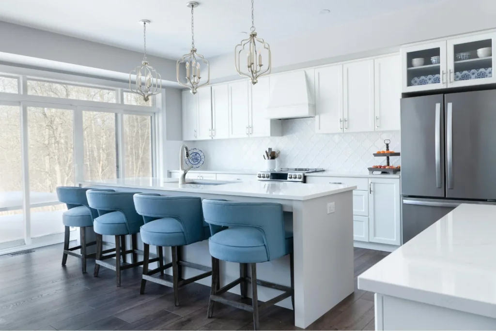 Wood floor kitchen with an island